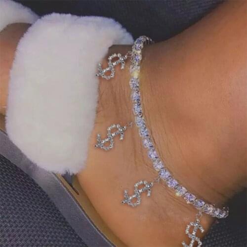 Y2K Punk Dollar Shape Pendant Anklet For Women Vintage Charm Cool Rhinestone Crystal Chain Irregular Foot Accessories Gifts New