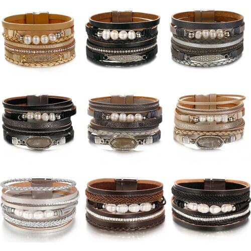 Amorcome Multistrand Magnetcic Clasp Leather Pearl Bracelet Vintage Rhinestone Braided Charms Wide Wrap Bracelets Women Jewelry