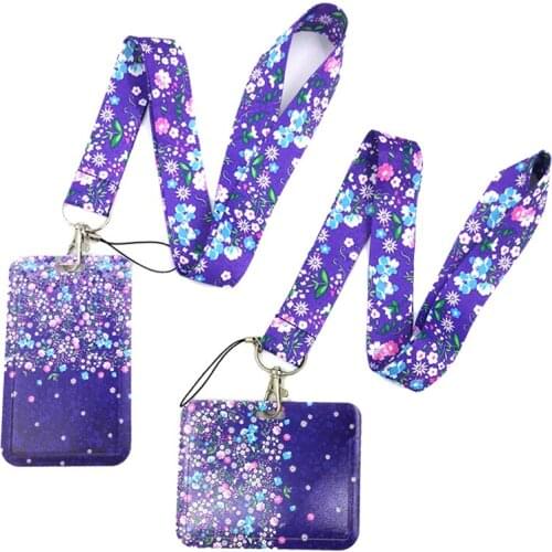 Purple Flowers Key lanyard Car KeyChain ID Card Pass Gym Mobile Phone Badge Kids Key Ring Holder Jewelry Decorations