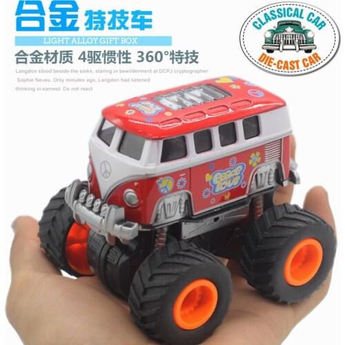 Alloy four-drive inertial cross-country T1 bus, retro Q cartoon model, Alloy toy car model, Childrens toy cars