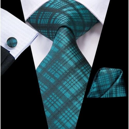 Hi-Tie Teal Green Plaid Silk Wedding Tie For Men Hanky Cufflink Gift Mens Necktie Gravata Fashion Designer Business Dropshipping