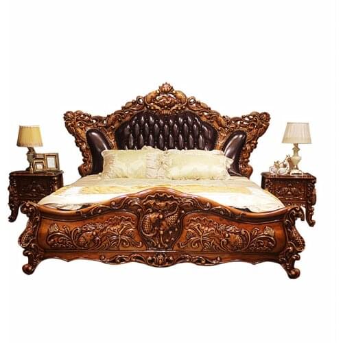 European-style bed, master bedroom, double bed, all-solid wood carved villa, large-sized bed