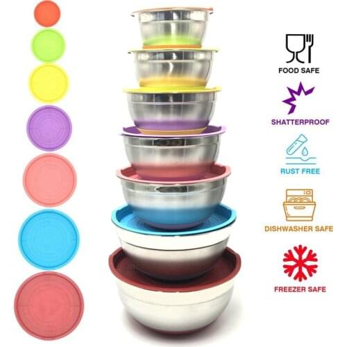 Colorful 304 Stainless Steel Salad Bowl With Lid Non-slip Silicone Bottom Kitchen Egg Mixing Bowls Set For Cooking Baking