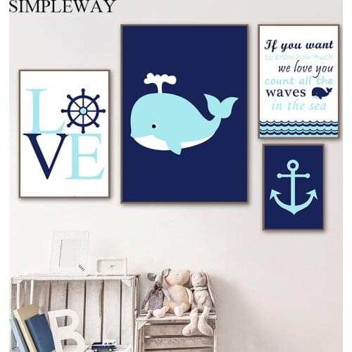 Baby Nursery Quotes Wall Art Painting Child Poster Navigation Print Whale Cartoon Picture Nordic Kid Boy Bedroom Decoration