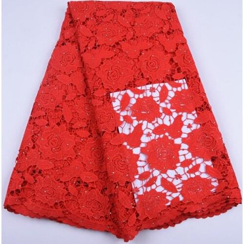 New Red African Water Soluble Lace Fabric hollowe-dout Nigerian Net Lace Fabric With Stones Fabric For Formal Evening DressA1702