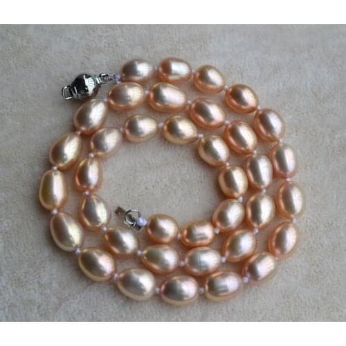 Charming Real Pearl Jewelry,Pale Gold Color AAA 17inches 8x11mm Real Freshwater Pearl Necklace,Bridesmaids Wedding Gift