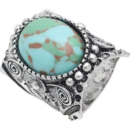 Charm Green Oval Opal Rings For Women Natural Stone Flower Rings Vintage Antique Silver Plated Fashion Jewelry Gift Drop shippin