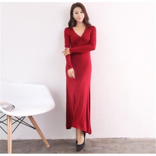 New Autumn Elegant Women V-Neck Modal Dresses Long Sleeve Bow Tie Dress Long Dress Lady Clothing Autumn Bottomings Vestidos W519