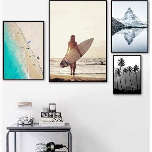Surfing Girl Beach Iceberg Tree Landscape Wall Art Canvas Painting Nordic Posters And Prints Wall Pictures For Living Room Decor