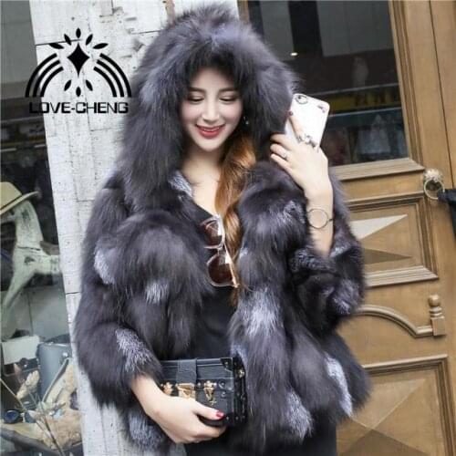 New Real natural genuine fox fur coat with hood womens fashion colorfull fur jacket ladies outwear custom big size