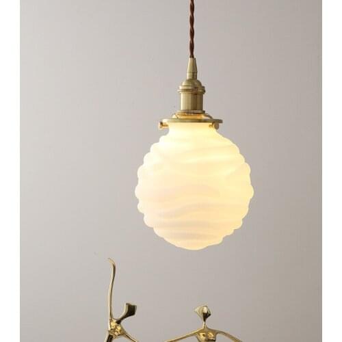 Japanese Ball Shape Milk Glass E27 LED Edison Bulb Pendant Light Copper Socket and Base Living Room