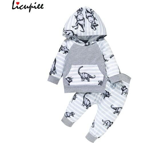 0-24 Months Little Boys Outfit Toddlers Leisure Style Cartoon Dinosaur Printing Long Sleeve Hooded Tops + Striped Long Pants