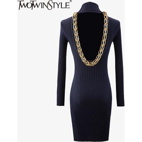 TWOTWINSTYLE Backless Patchwork Chains For Women Turtleneck Long Sleeve High Waist Knitted Slim Dresses Female Fashion New Tide
