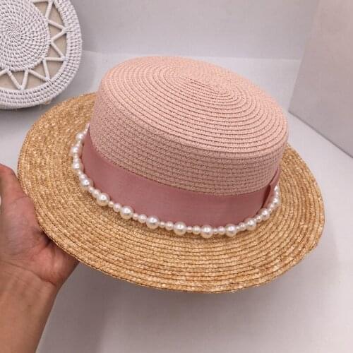 Spring, summer, color matching, short straw flat eaves pearl M standard hat shading is prevented bask in female hat