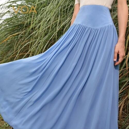 VOA 12m/m Silk Georgette Blue Elegant Pleated Skirt Invisible Side Pull Joker Summer Office Lady Fashion Skirts Womens CE119