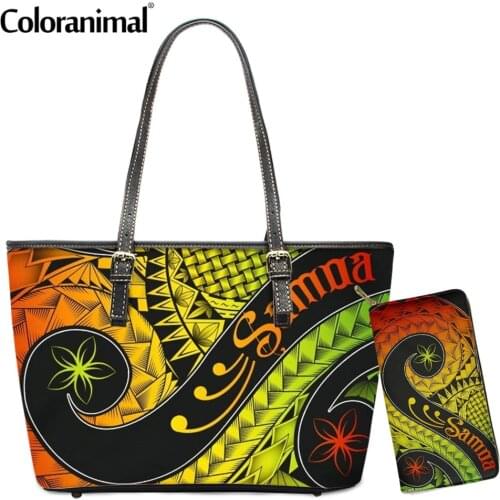 Coloranimal Samoan Polynesian Plumeria Printed Women Shoulder Bag PU Leather 2Pcs/Set Handbag&Wallet Ladies Tote Bolsa 2021 Hot