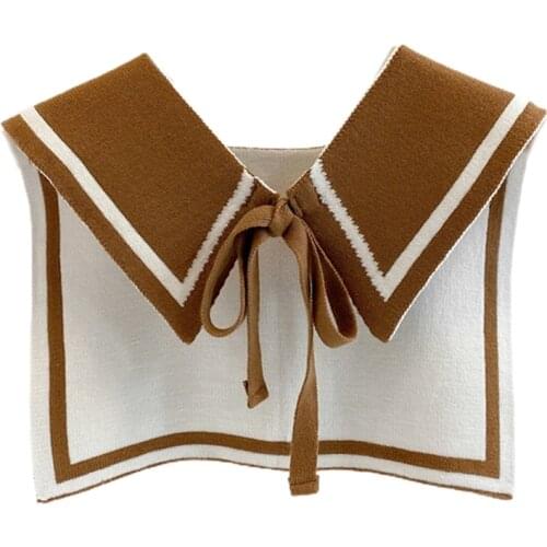 Navy Style Women Winter Knit Shawl Wrap Reversible Contrast Color False Collar Decorative Cape Bowknot Poncho Scarf L93F