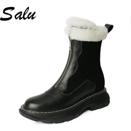 Real Cow Leather Women Winter Ankle Boots for Woman Snow Boots Wool Fur Lined Warm Shoes platform heel