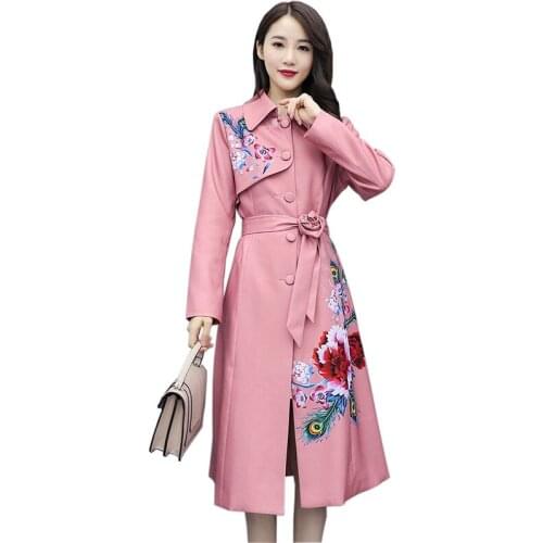 2021 New Elegant Trench Coat Women Spring Autumn Print Single-Breasted Windbreaker Slim Belt Casual Top Long Cloak Coats KW1089