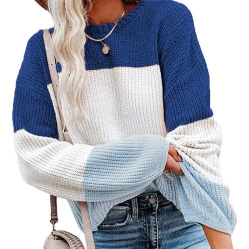 Women Sweater Color Contrast Soft Simple Ladies Round Neck Color Stitching Knitted Top Female Oversize Sweater Knitwear