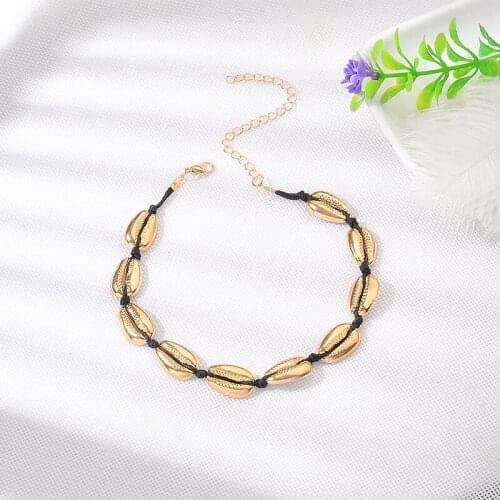 Summer Style Metallic Golden Silver Plated Shell Beads Black Rope Short Strand Necklace Choker for Women