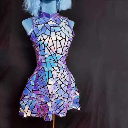 Purple Blue Laser Mirror Sequin Sleeveless Short Dress Women Singer Dancer Birthday Prom Bar Nightclub Stage Show Costume XS2140