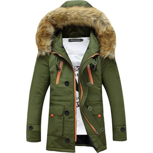 Winter Mens Jacket Plus Cotton Warm Leather Coat Casual Faux Fur Hooded Wool Mid-length Mens Jacket Windbreaker Mens Jacket