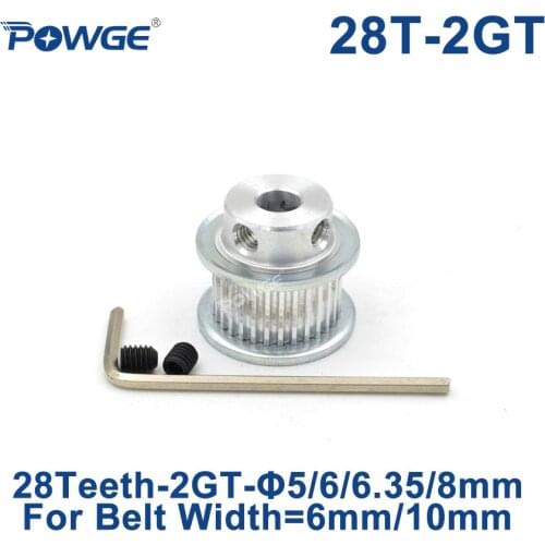 POWGE GT 28 Teeth 2GT Timing Pulley Bore 5/6/6.35/8mm for GT2 Open Synchronous belt width 6mm/10mm small backlash 28Teeth 28T
