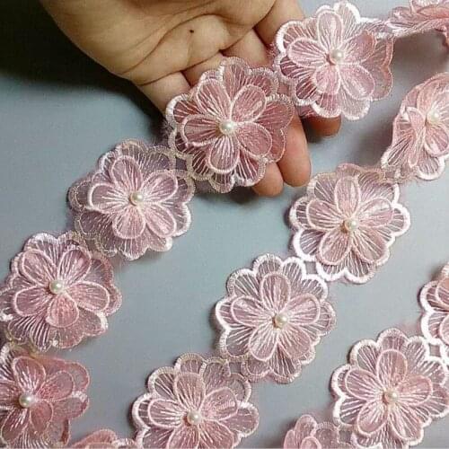 10x Pink Pearl Flower Handmade Beaded Embroidered Lace Trim Ribbon Double Layered Applique Dress DIY Sewing Craft 5X5 CM