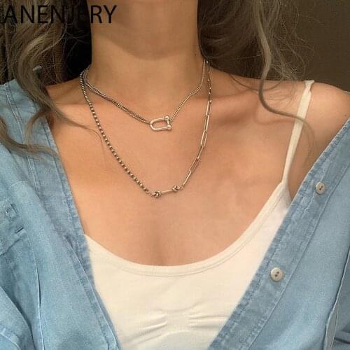 ANENJERY 925 Sterling Silver Double Layer U-shaped Tie Necklace For Women Men Hip Hop Thick Chains Necklace Party Jewelry S-N530