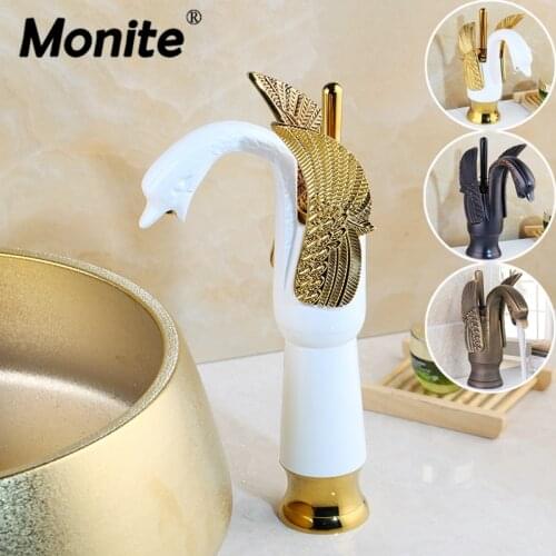 Monite Swan Shape Antique Brass Basin Sink Faucet Bathroom 1 Hole Centerset Basin Mixer Tap Chrome Bathtub Faucet ORB Gold