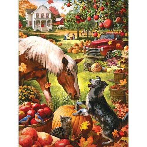 JMINE Div 5D Fall Autumn Harvest Pumpkin Horse Full Diamond Painting cross stitch kits art Animal 3D paint by diamonds