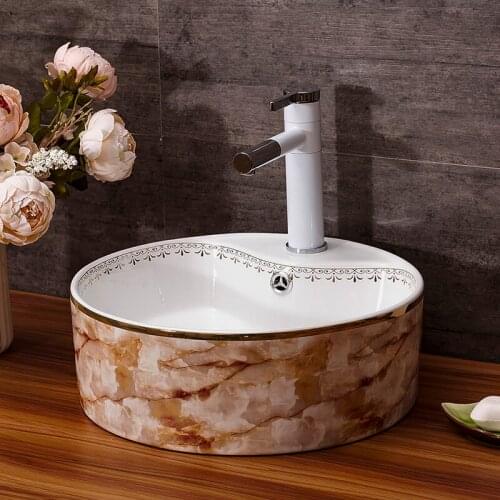 Imitation marble pattern ceramic above counter basin, round European antique bathroom wash basin, balcony basin, art sink