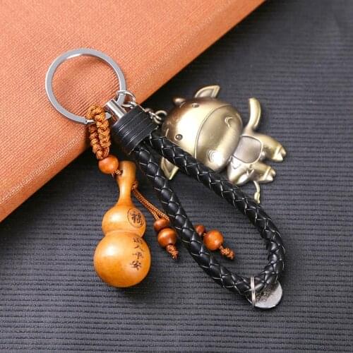 Chinese Zodiac Animal Year Symbol Peach Wood Keychain Alloy Key Ring Bag Decor