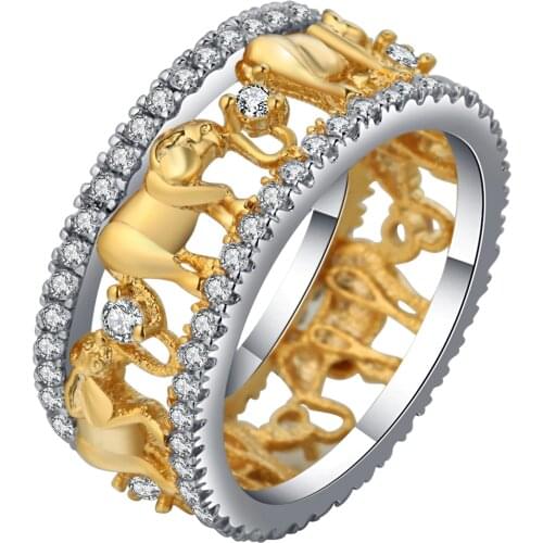 Pure Copper Antique Gold Color Lucky 3D Elephant Ring Romantic Zircon Ring For Man/Woman Jewelry