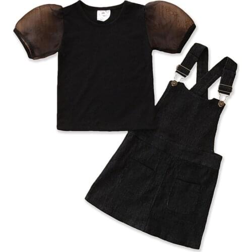 2Pcs Sweet Clothes Fashion Puff Sleeve Round Collar Black Tee Top Denim Suspender Skirt Set