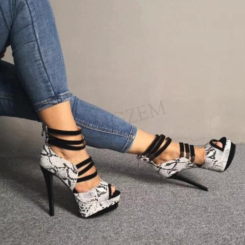 LAIGZEM SUPER 2020 Women Platform Sandals Snake Printing Stiletto Ankle Straps Zip Sandalia Shoes Party Ladies Large Size 34-52