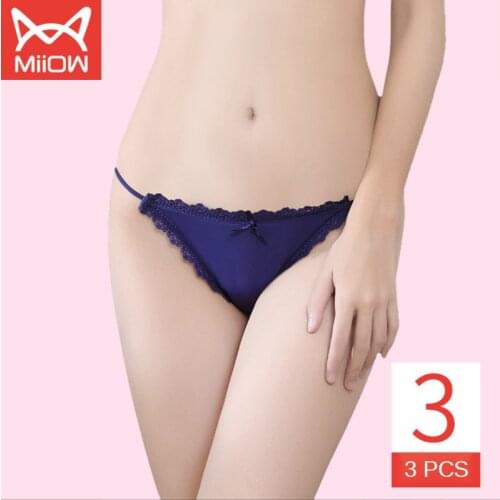 MiiOW Ice Silk Underwear Women Pure Cotton Antibacterial Crotch Thin Section Ladies Sexy Lace Low Waist Tummy Thong Briefs