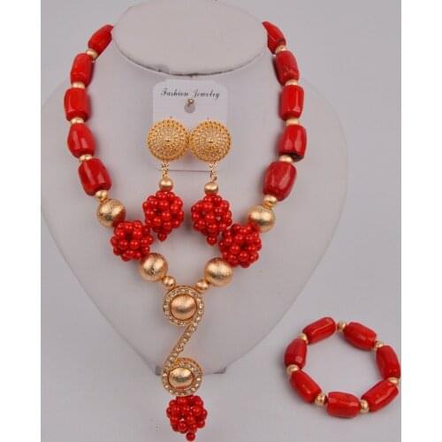 Fashion Red Coral Necklace Jewelry Set Nigerian Wedding African Beads Jewelry Set12-H-01