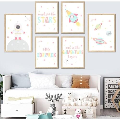 Cartoon Astronaut Space Rocket Planet Nursery Wall Art Canvas Painting Nordic Posters And Prints Wall Pictures Child Room Decor