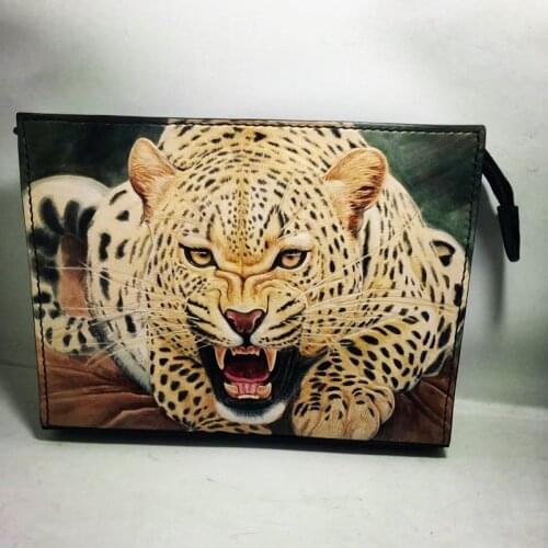 Boutique Handmade Men Vegetable Tanned Leather Bag Money Holder Leopard Clutch Purse Cigarette Pocket Man Clutches Envelope