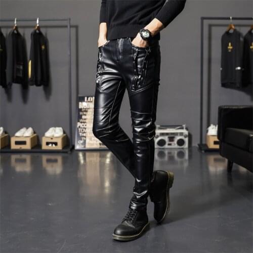 2021 mens autumn season thick casual PU leather trousers, teenagers stitching rivet slim feet leather pants