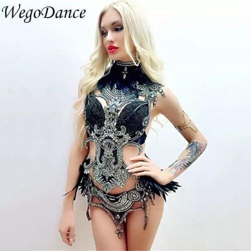 New Womens Nightclub Stage Costumes Singer Water Rhinestones DJ Dancer Dance Cost Sexy Black Ostrich Hair Performance Tights