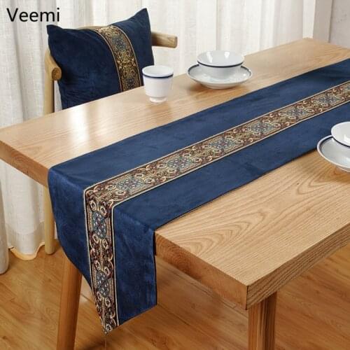 New Chinese Style Embroidery Solid Red Table Runner Simplicity Blue Table Flag Cover Decoration for Dining Table with Tassels