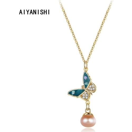 AIYANISHI 18K Gold Filled Natural Freshwater Pearl Necklace Butterfly Choker Pearl Necklace Statement Ladies Collare Jewelry