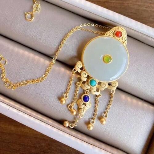 Necklace Womens Retro Ethnic Style Chinese Style Classical Ruyi Safety Buckle Pendant Hetian Jade Tassel Necklace Super Girl