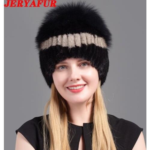 JERYAFUR New Style Natural Fox Fur Hat Mink Hat Winter Women Natural Vertical High Quality Fashion Hat Silver Fox Hat
