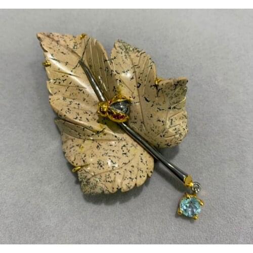 Only 1 piece natural semi-precious stone brooch & pendant double use plant maple leaf brooch pins classic insect ladybird