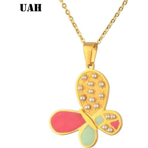 UAH Gold Color Butterfly Necklaces Pendants For Women Elegant Butterfly Short Necklace Stainless Steel Jewelry