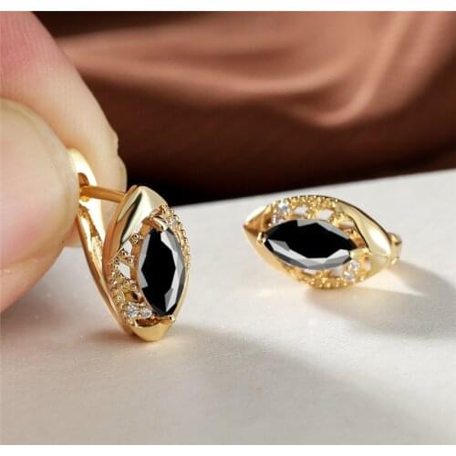 Vintage Black Stone Hoop Earrings Rainbow Crystal Geometric Zircon Hollow Earrings Classic Gold Color Wedding Earrings For Women